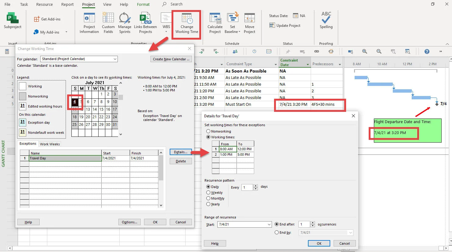Microsoft Project Change Working Time dialog displaying a calendar exception that converts July 4 into a working day for the active project.