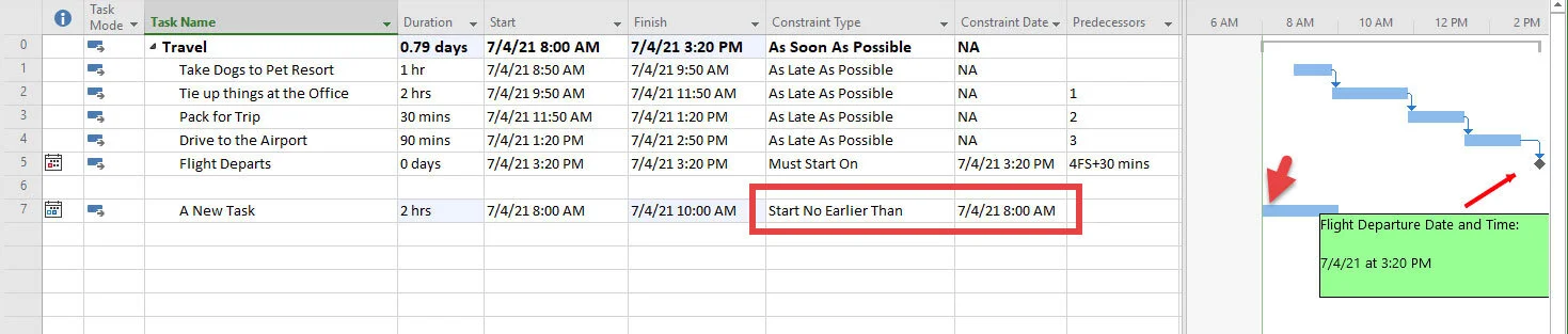 Microsoft Project completed Timing Constraints exercise showing Must Start On and Start No Earlier Than constraints correctly applied to project activities.