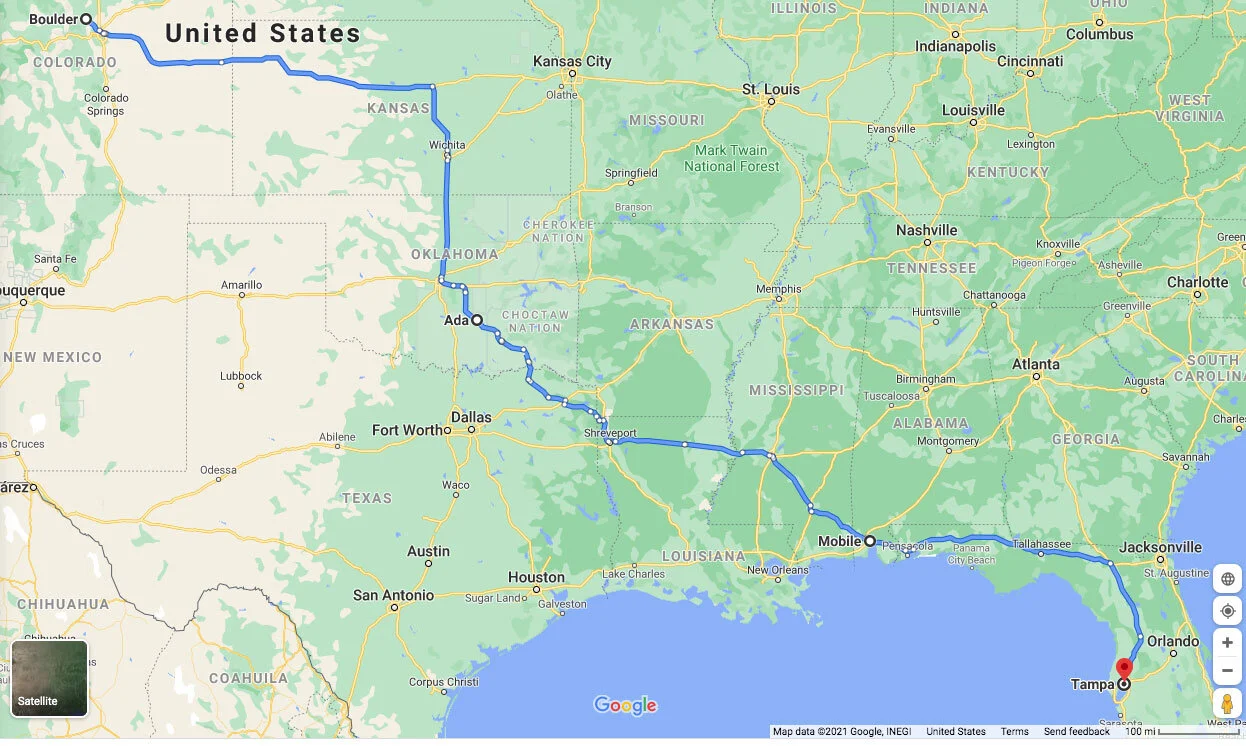 Map showing a trip from Boulder, Colorado, to Tampa, Florida, used to illustrate Forward Pass calculations in the Critical Path Method.