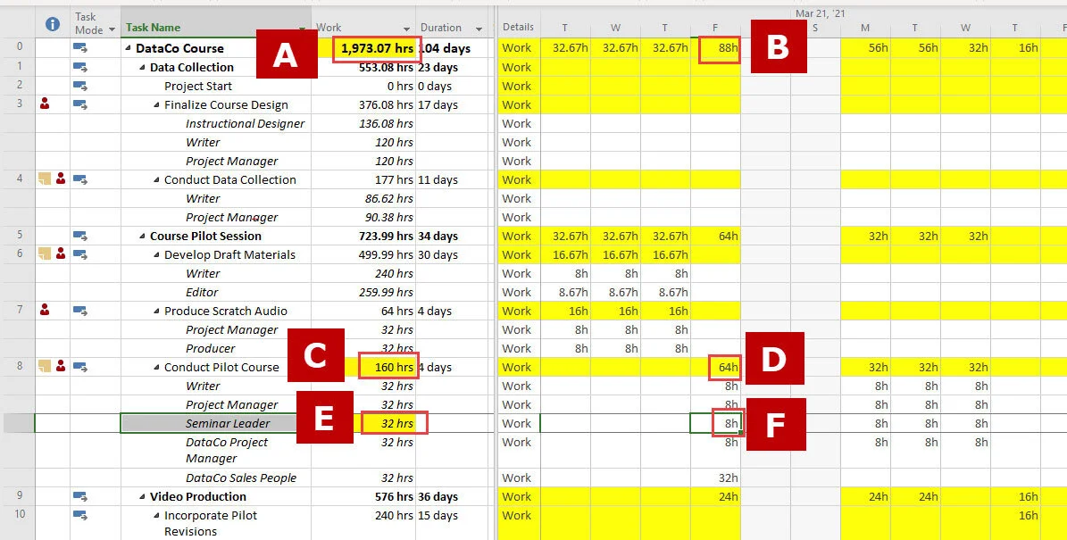 Microsoft Project Task Usage view identifying six different Work fields and their associated task, assignment, project, and timephased values.