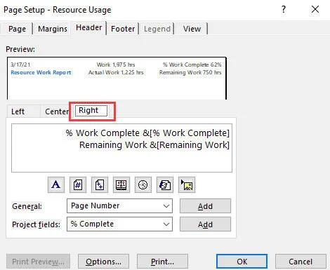 Microsoft Project Page Setup dialog displaying options for margins, headers, footers, legends, view settings, and print scaling.