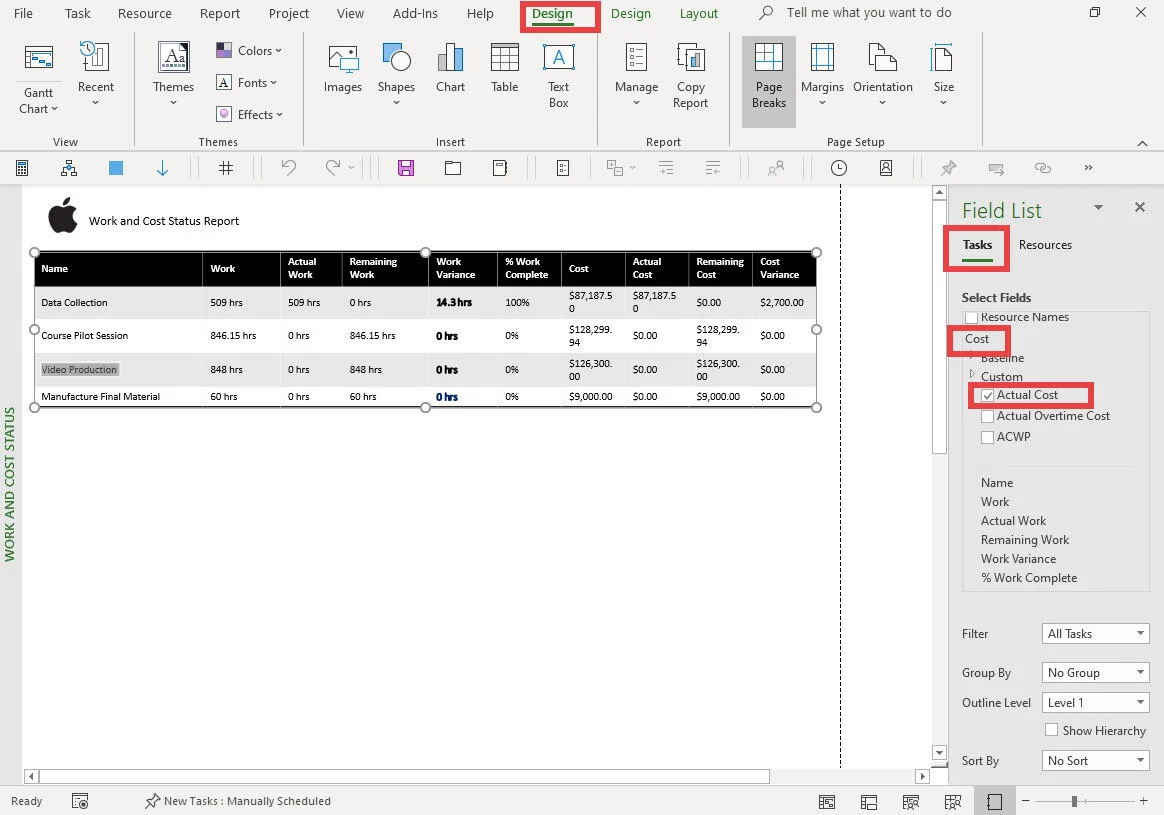 Microsoft Project Standard Report showing the Table Data pane used to add Cost, Actual Cost, Remaining Cost, and Cost Variance fields to a report table.