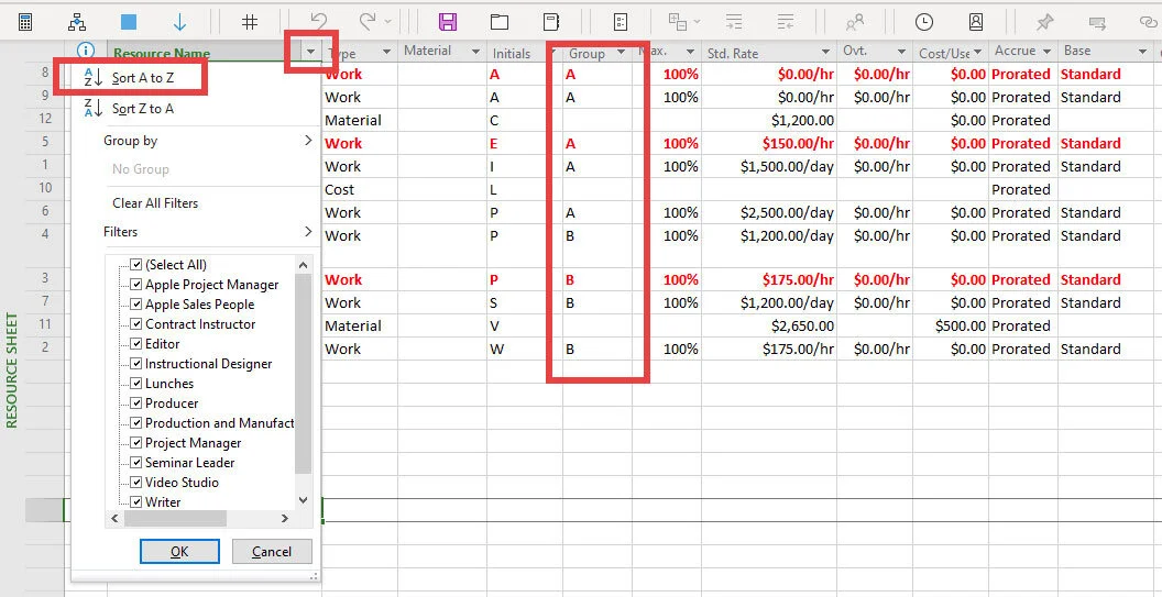 Microsoft Project Resource Sheet view showing resources sorted alphabetically and assigned to reporting groups A and B.