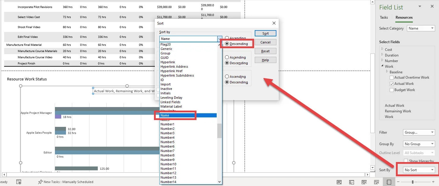 Microsoft Project Standard Report chart displaying filtering by resource group followed by sorting to improve report clarity.