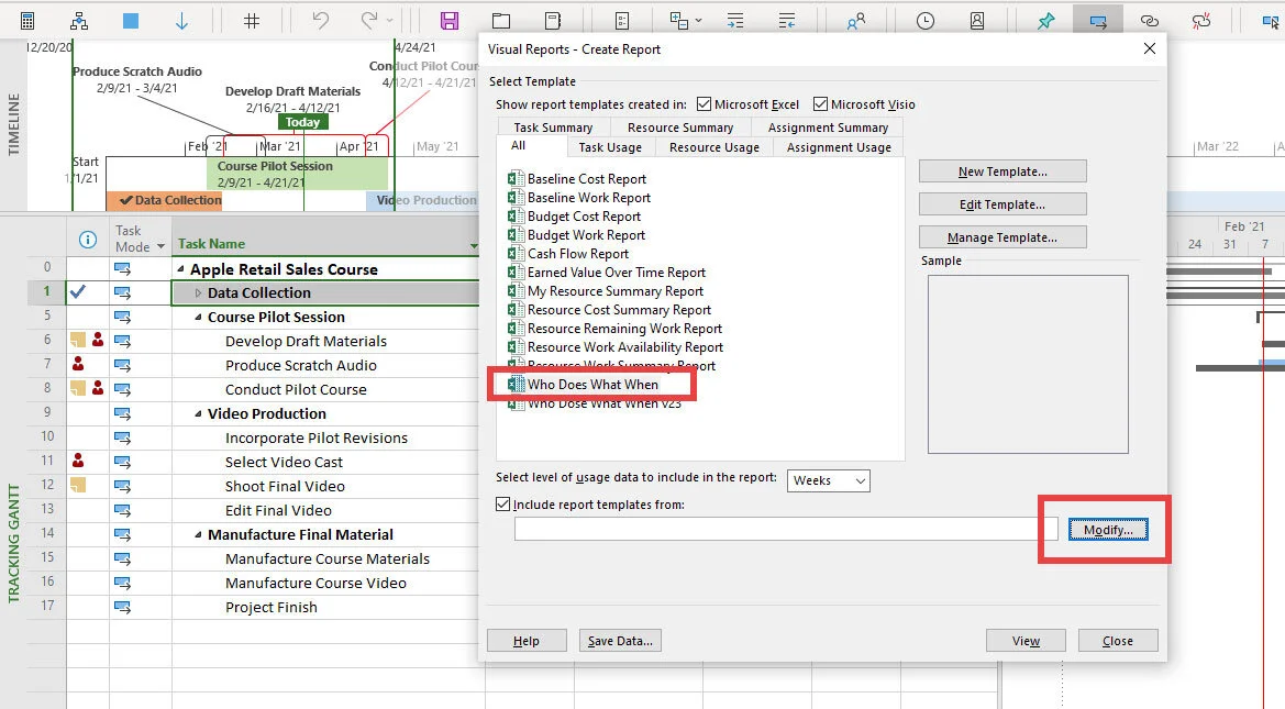 Microsoft Project Visual Reports dialog displaying the custom Who Does What When template in the All tab with the Modify button highlighted.
