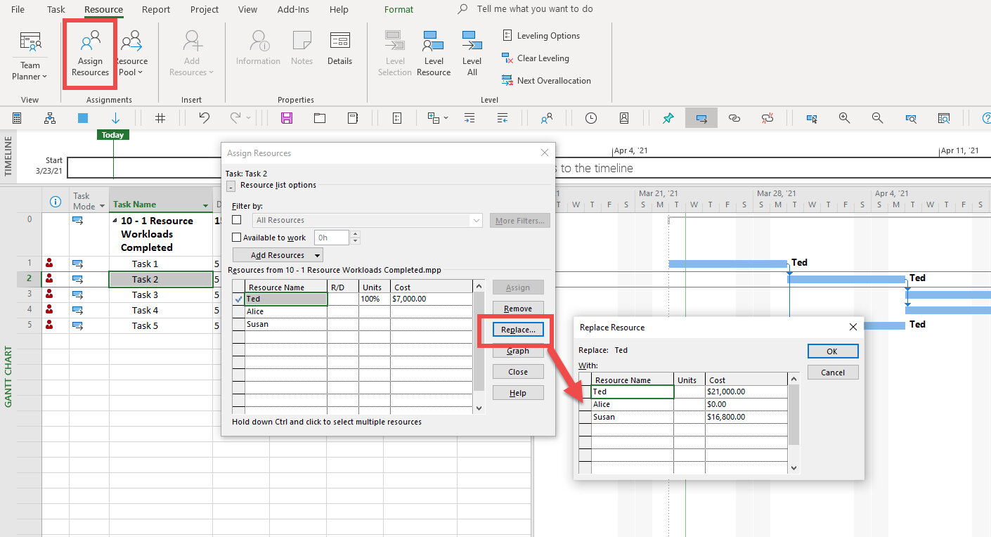 Microsoft Project Replace Resource dialog used to substitute one team member for another. Replacing resource assignments resolves workload conflicts while maintaining project schedule logic and assigned work.
