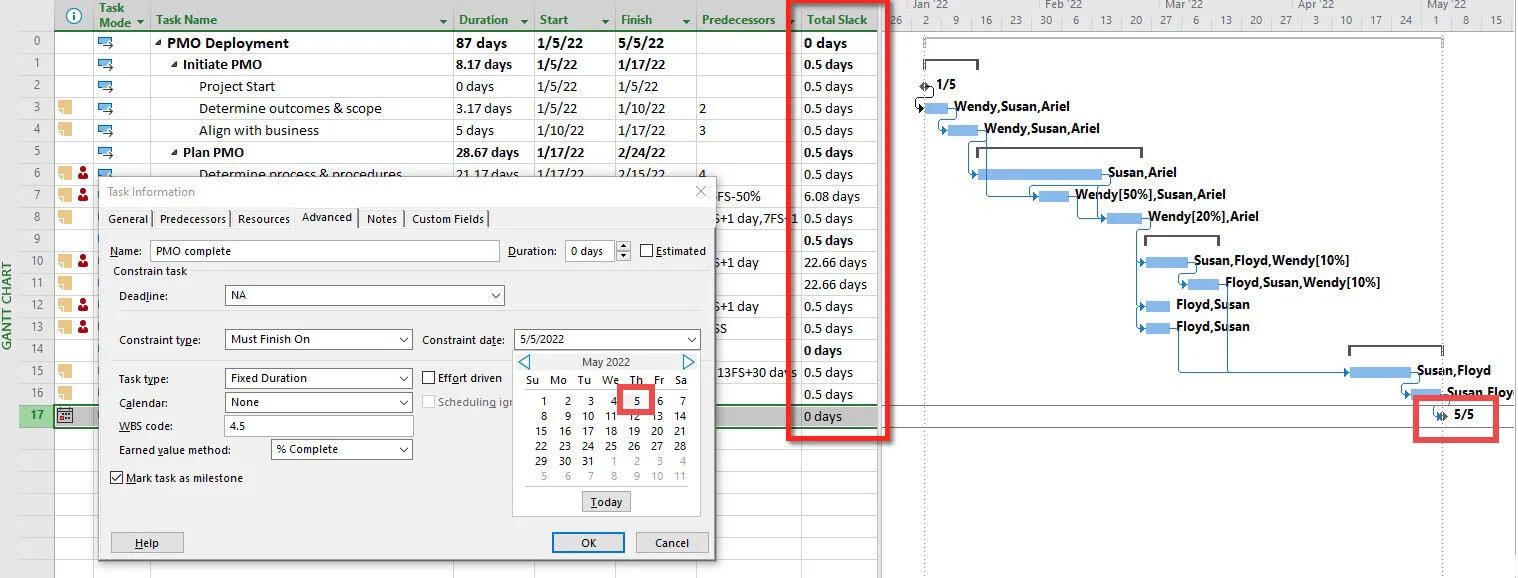 Microsoft Project schedule after adjusting the project finish date to remove negative Total Slack. The figure demonstrates how project constraints influence schedule calculations and the critical path.