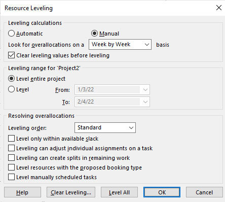 Microsoft Project Resource Leveling dialog configured for balancing workloads across multiple linked projects that share common resources through a Resource Pool.