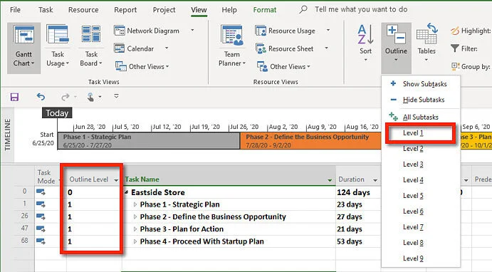 Microsoft Project Gantt Chart displaying Level 1 Work Breakdown Structure elements with the Outline Level field visible, showing the hierarchical position of tasks within the project structure.
