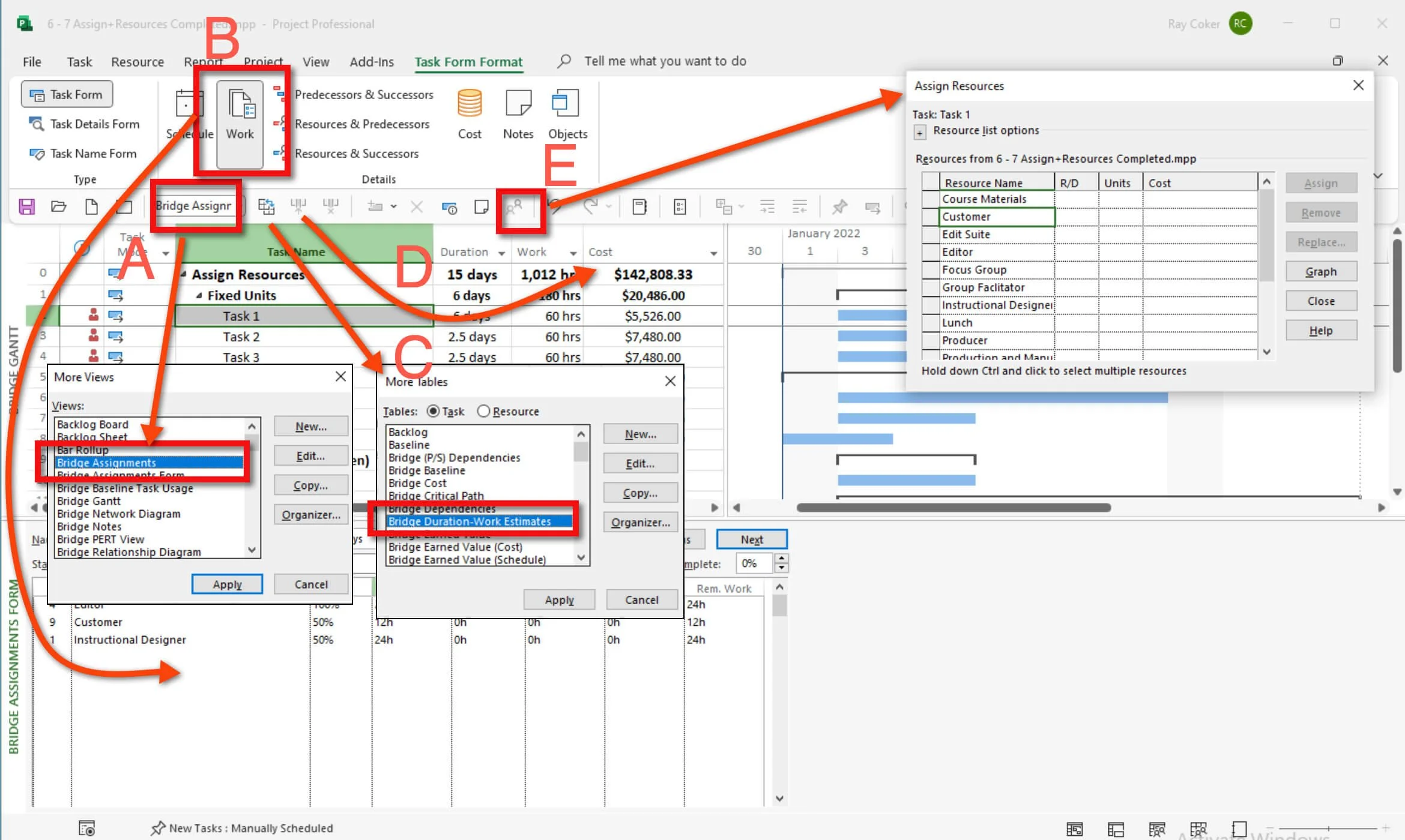 Microsoft Project workspace configured with the Bridge Assignments view, Task Form, Assign Resources dialog, and Work and Cost fields for efficient resource assignment.