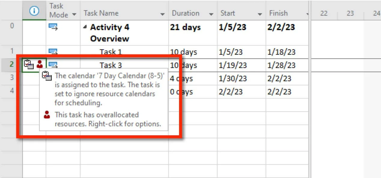 Microsoft Project Task Information dialog showing the Task Calendar option used to apply a unique working schedule to an individual task.