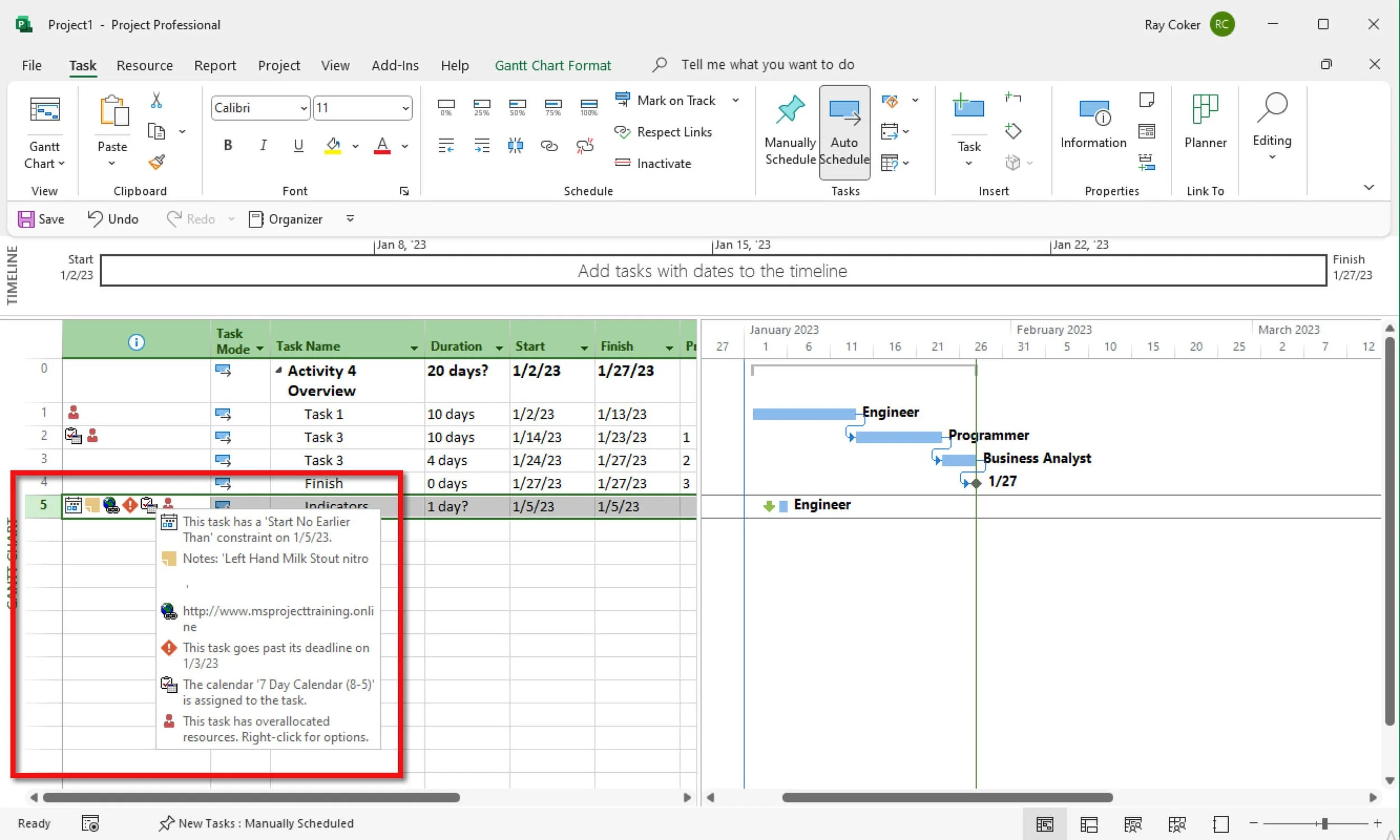 Microsoft Project Gantt Chart showing indicator icons for a selected task. The icons signal task-specific notes, constraints, deadlines, or other information requiring attention.