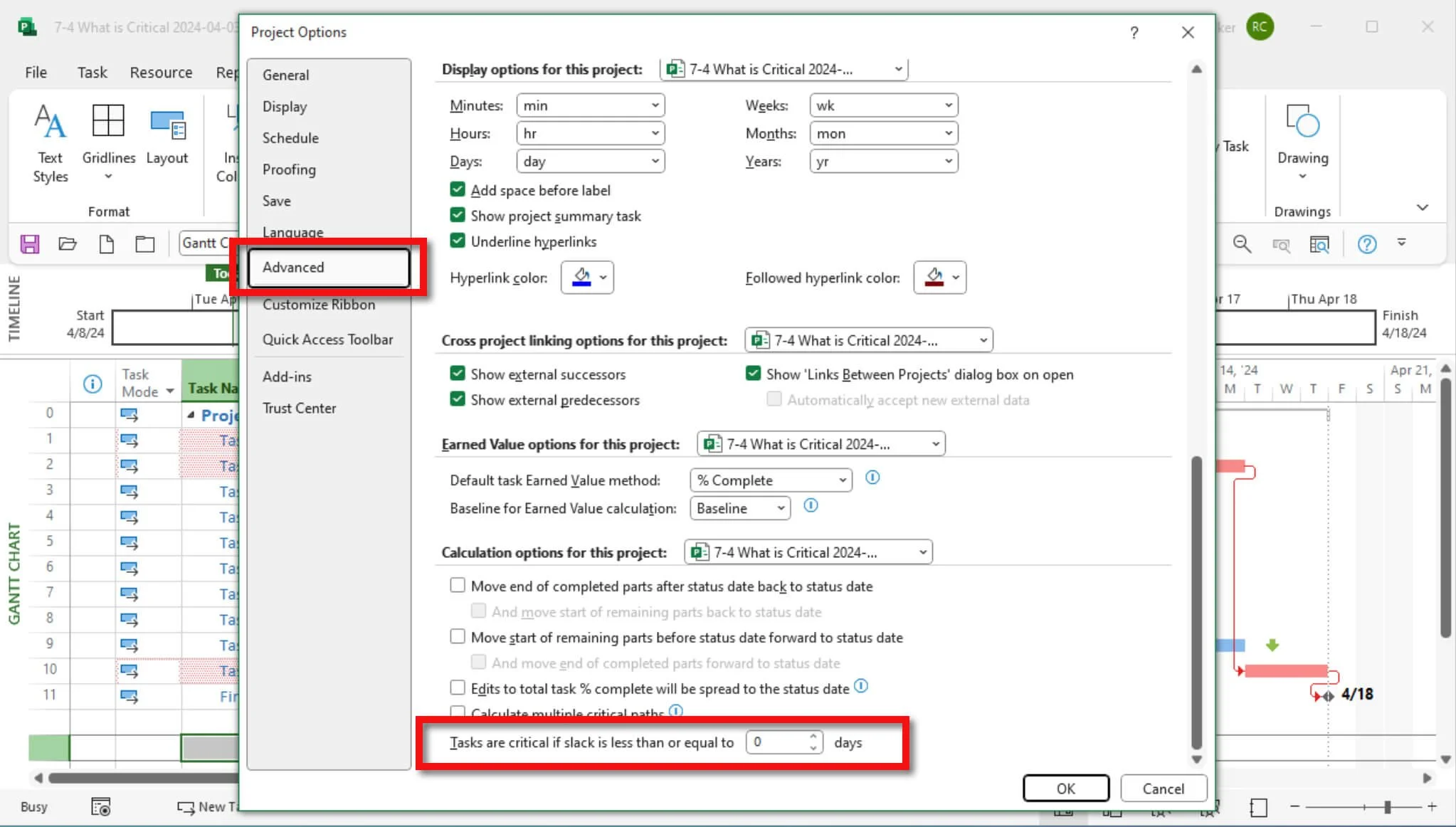 Microsoft Project Advanced Project Options displaying the Total Slack setting used to determine Critical Path activities and identify critical tasks within a project schedule.