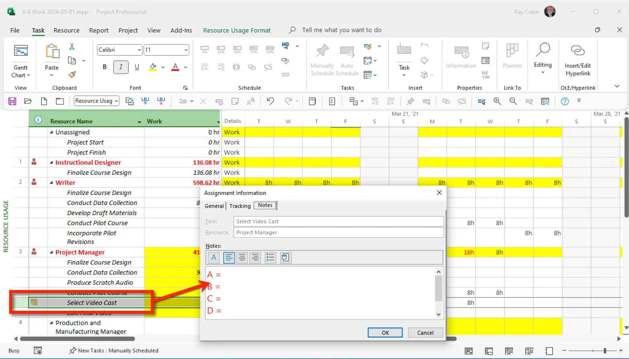 Completed Microsoft Project Resource Usage exercise showing Assignment Information Notes describing the Work fields displayed in the Resource Usage view.