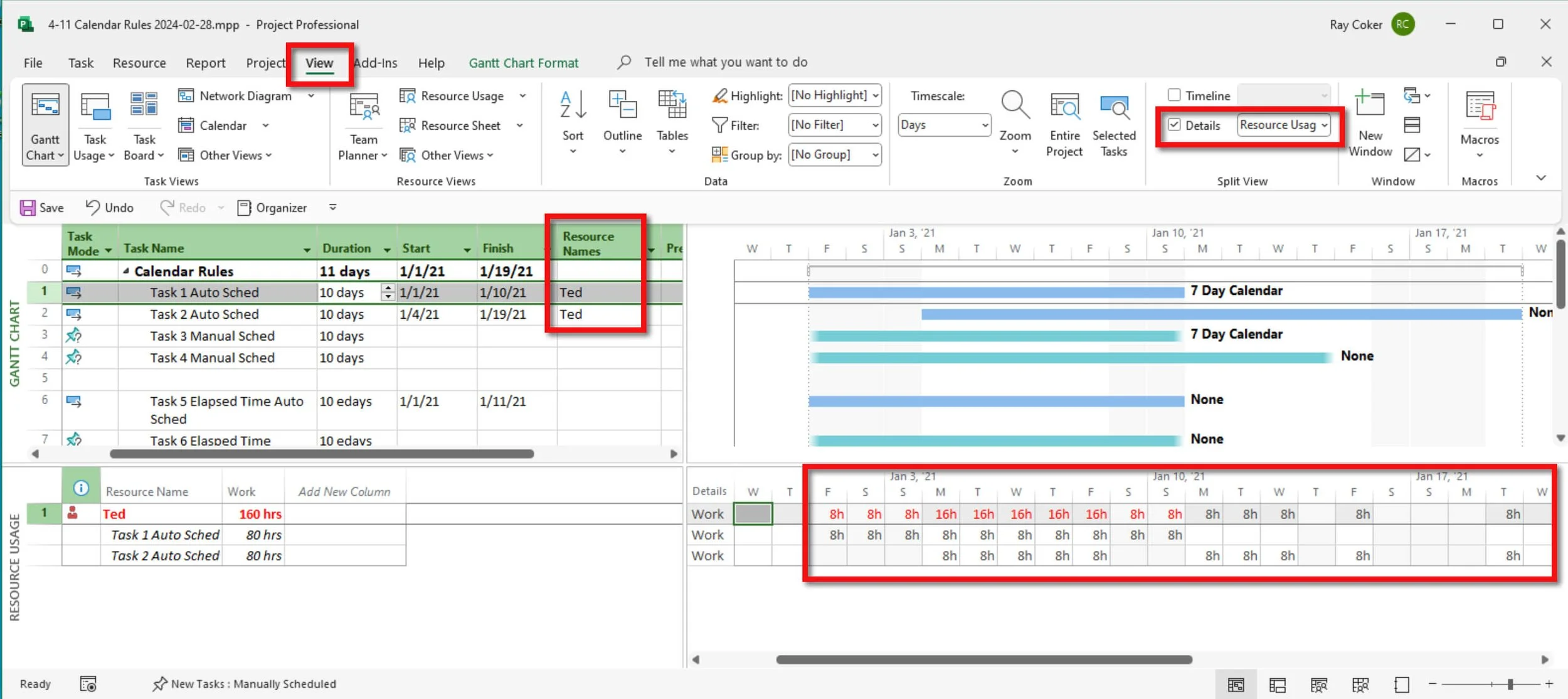 Microsoft Project schedule demonstrating the first three calendar rules and how project, task, and resource calendars work together to calculate the schedule.