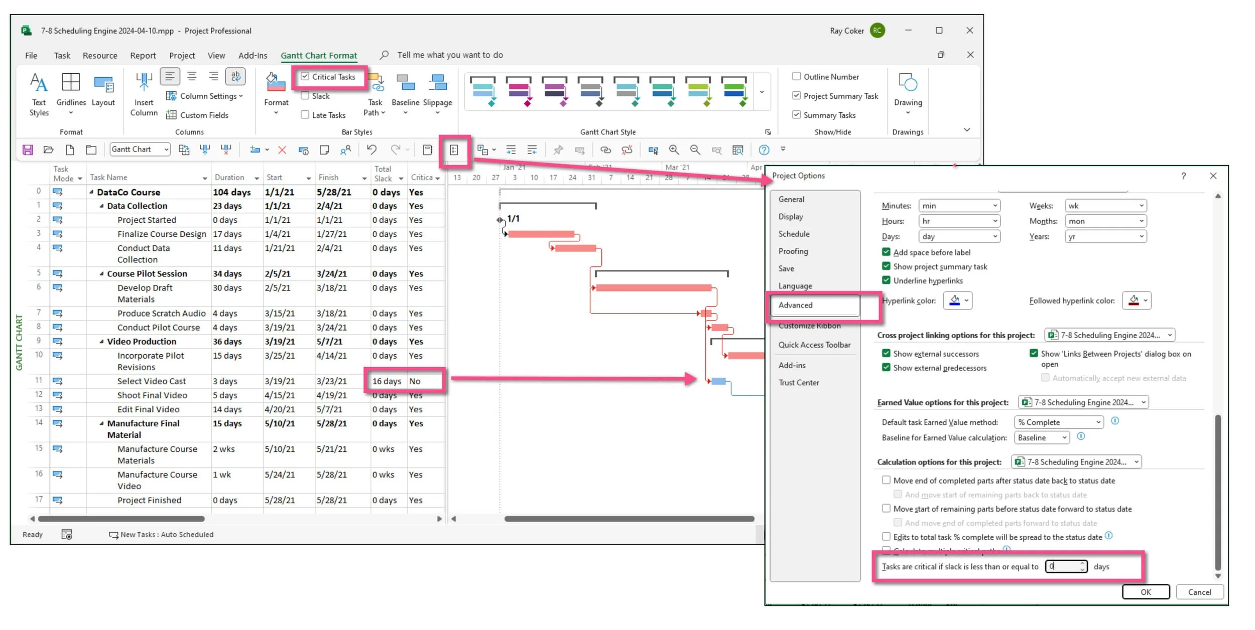 Microsoft Project Gantt Chart highlighting the Critical Path together with Project Options and scheduling settings that determine Critical activities.