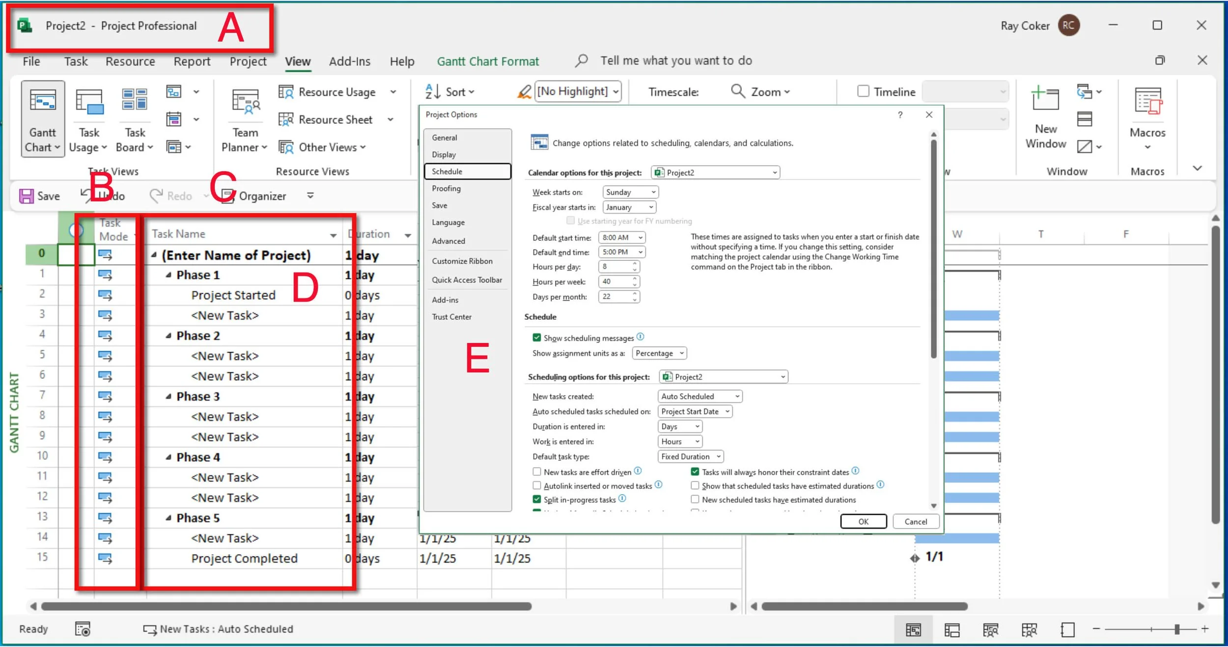 Microsoft Project template showing Auto Scheduled tasks, project phases, Milestones, the Project Summary Task, and recommended scheduling selections in Project Options.