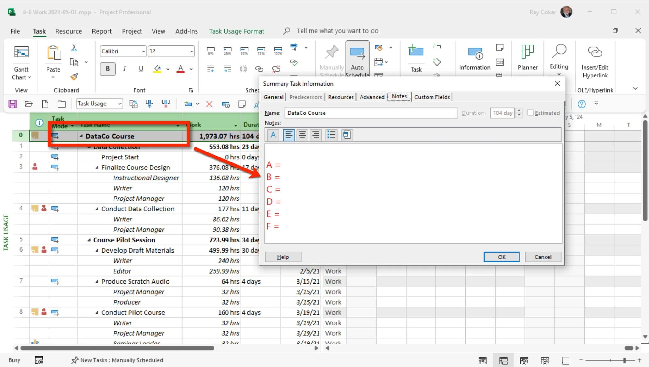 Project Summary Task Notes field displaying Exercise 2 Part A communication entries stored at the highest level of the project for easy access and centralized management.