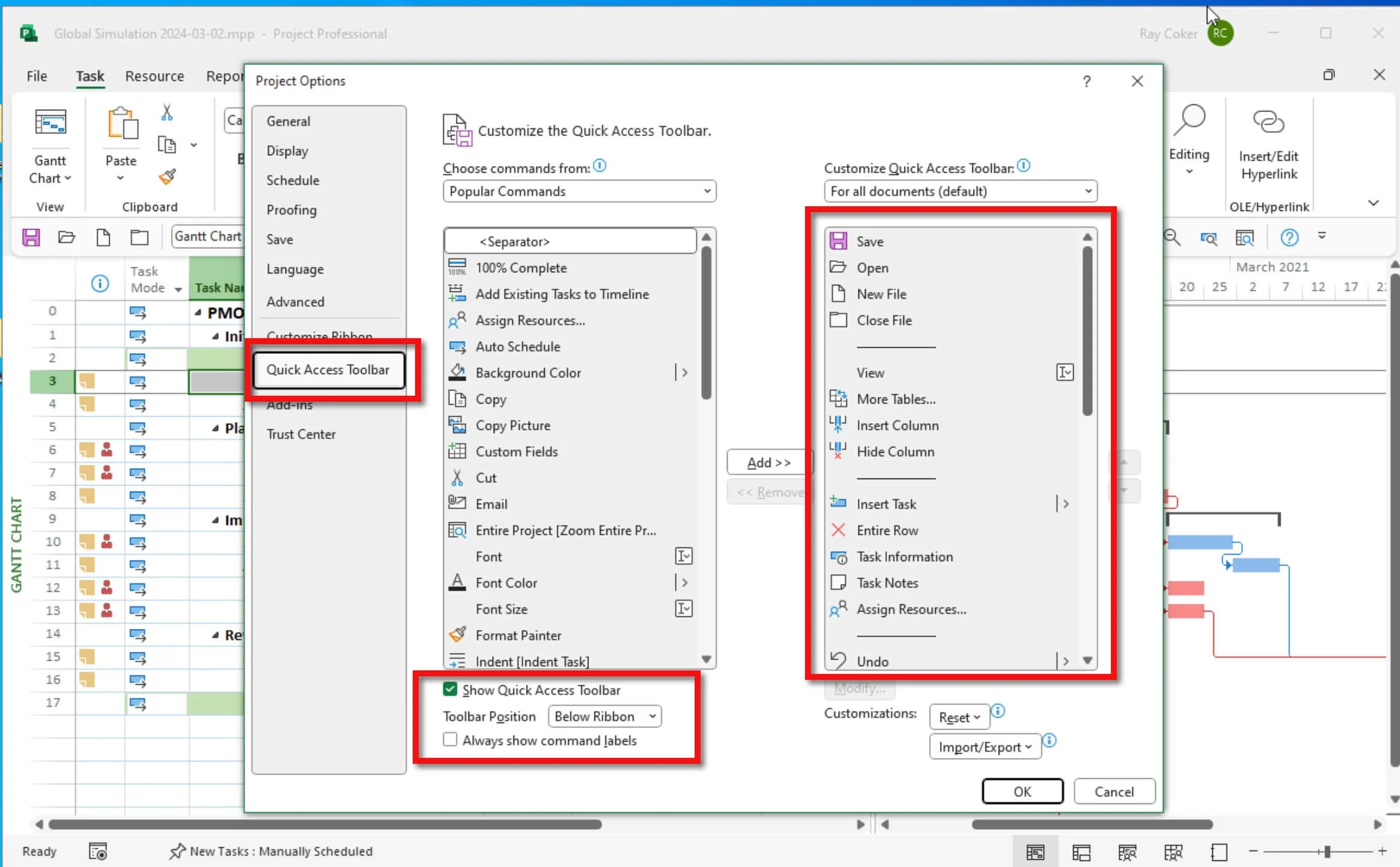 Microsoft Project Options showing an imported Ribbon configuration and Quick Access Toolbar settings with the toolbar displayed below the Ribbon and command labels turned off.