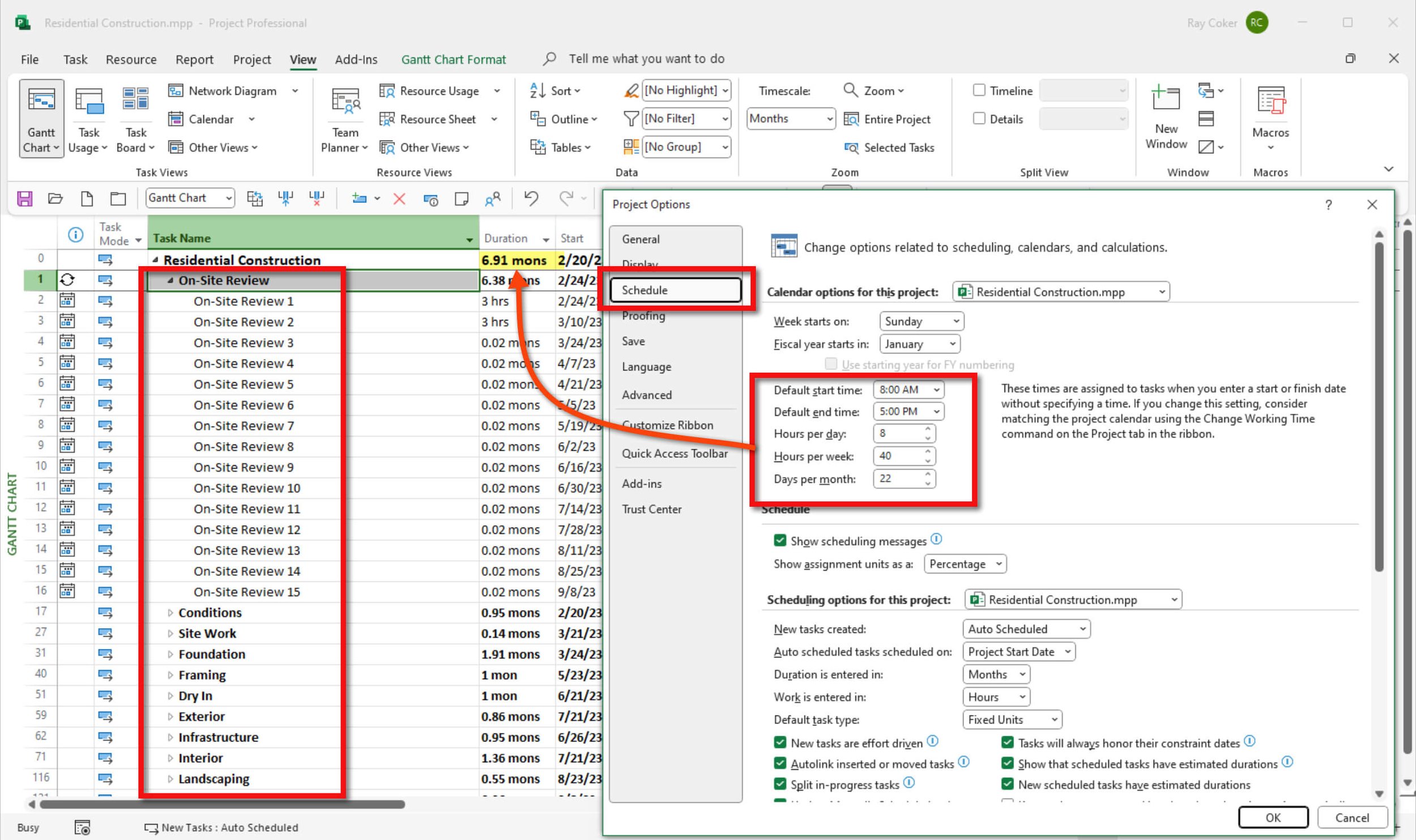 Microsoft Project Project Options Schedule page displaying duration conversion settings, including Hours per Day, Hours per Week, Days per Month, and related scheduling calculation options.
