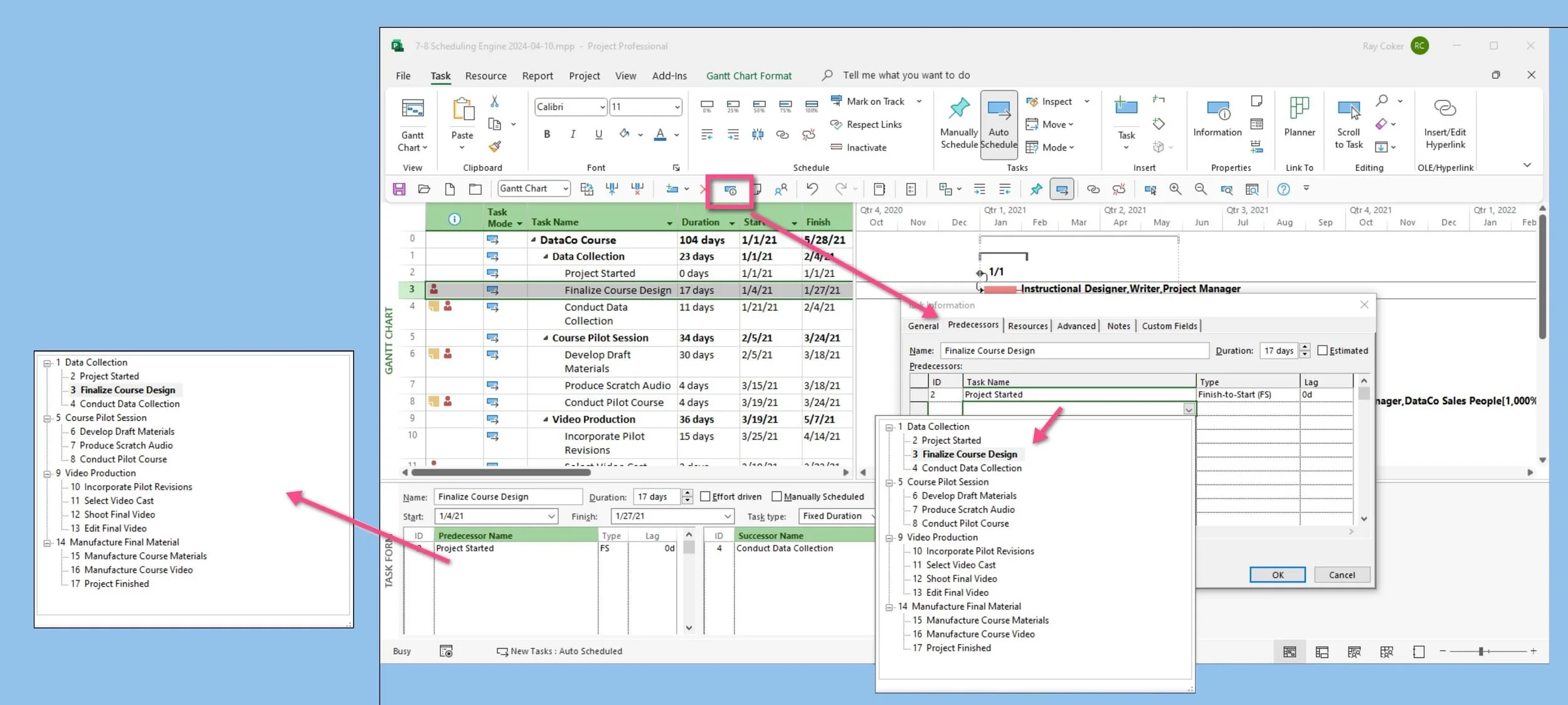 Microsoft Project interface illustrating multiple methods for linking tasks, including the Link Tasks command, Predecessors field, Task Information dialog, and Gantt Chart.