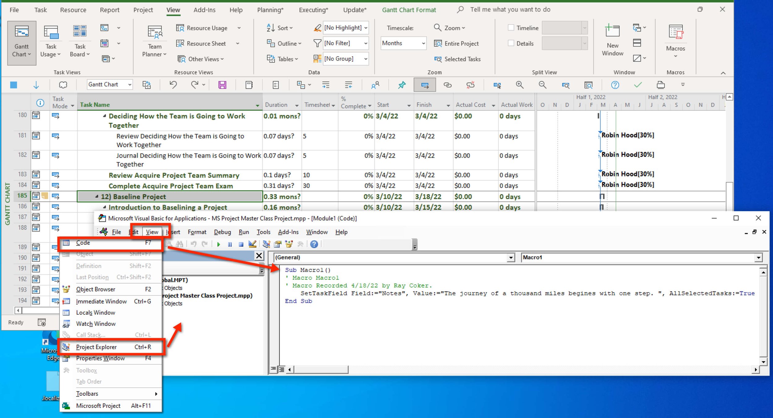 Online instruction for Microsoft Project that is free: How to view code using Project Explorer in VBA.