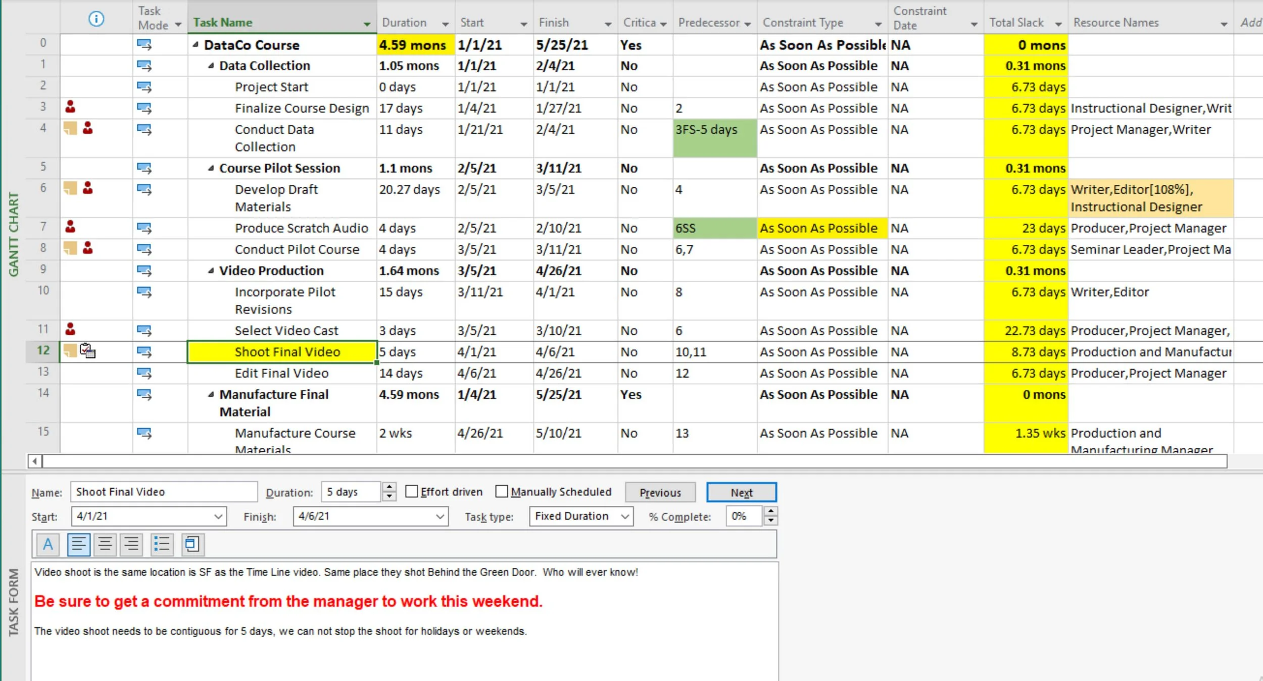 Completed Microsoft Project Scheduling Engine exercise showing corrected Calculation Engine settings, task notes, dependencies, and positive slack throughout the schedule.