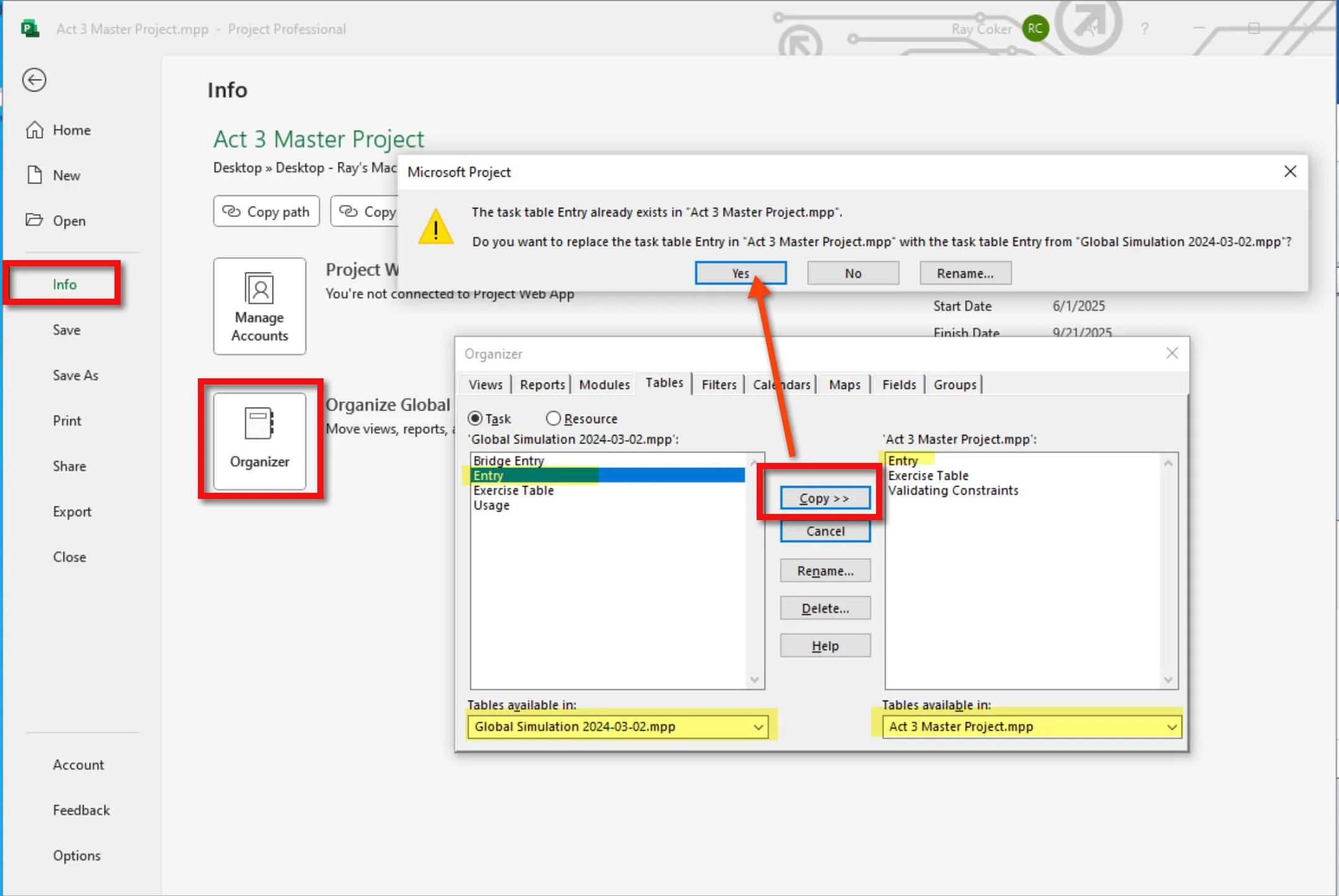 Microsoft Project Organizer Tables tab showing the Entry table being copied to another project, with a confirmation dialog asking whether to replace the existing table.