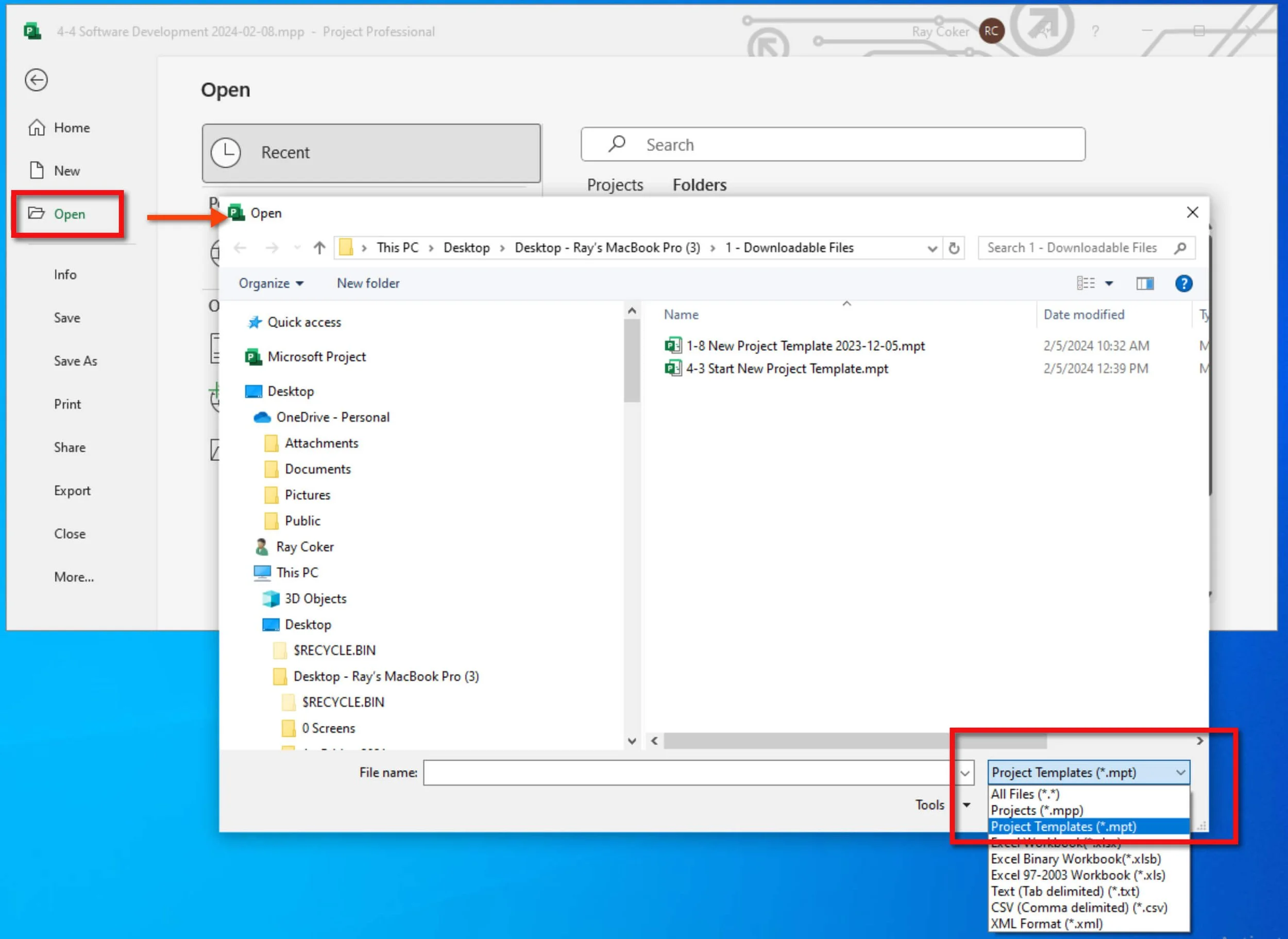 Microsoft Project Open screen with Project Templates (*.mpt) selected as the file type. This setting allows users to locate and open a reusable project template.