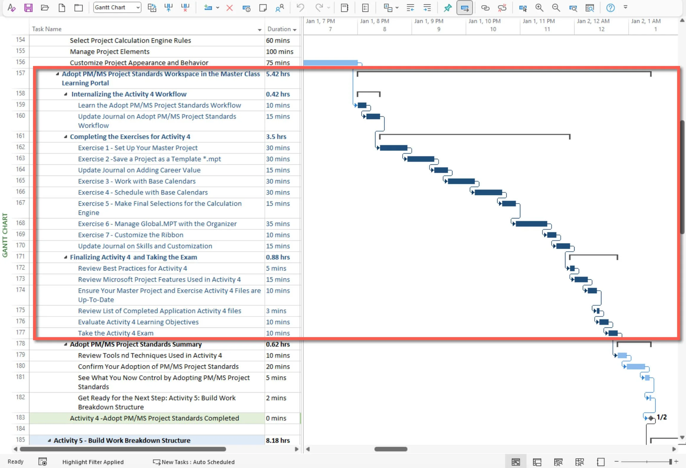Microsoft Project Gantt Chart displaying the Activity 4 Workspace schedule. The schedule outlines the recommended sequence, estimated durations, and learning activities for completing the Workspace.