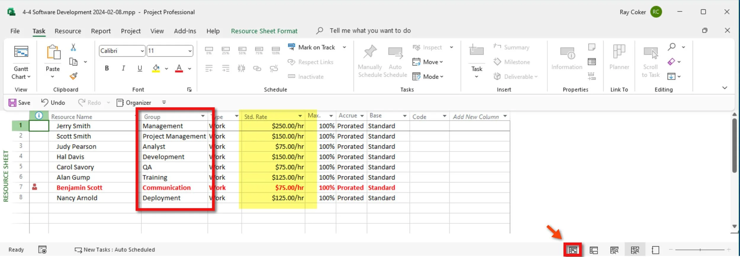 Microsoft Project Resource Sheet showing named resources, groups, standard rates, and availability. Use the groups to rename team members as generic skill resources.
