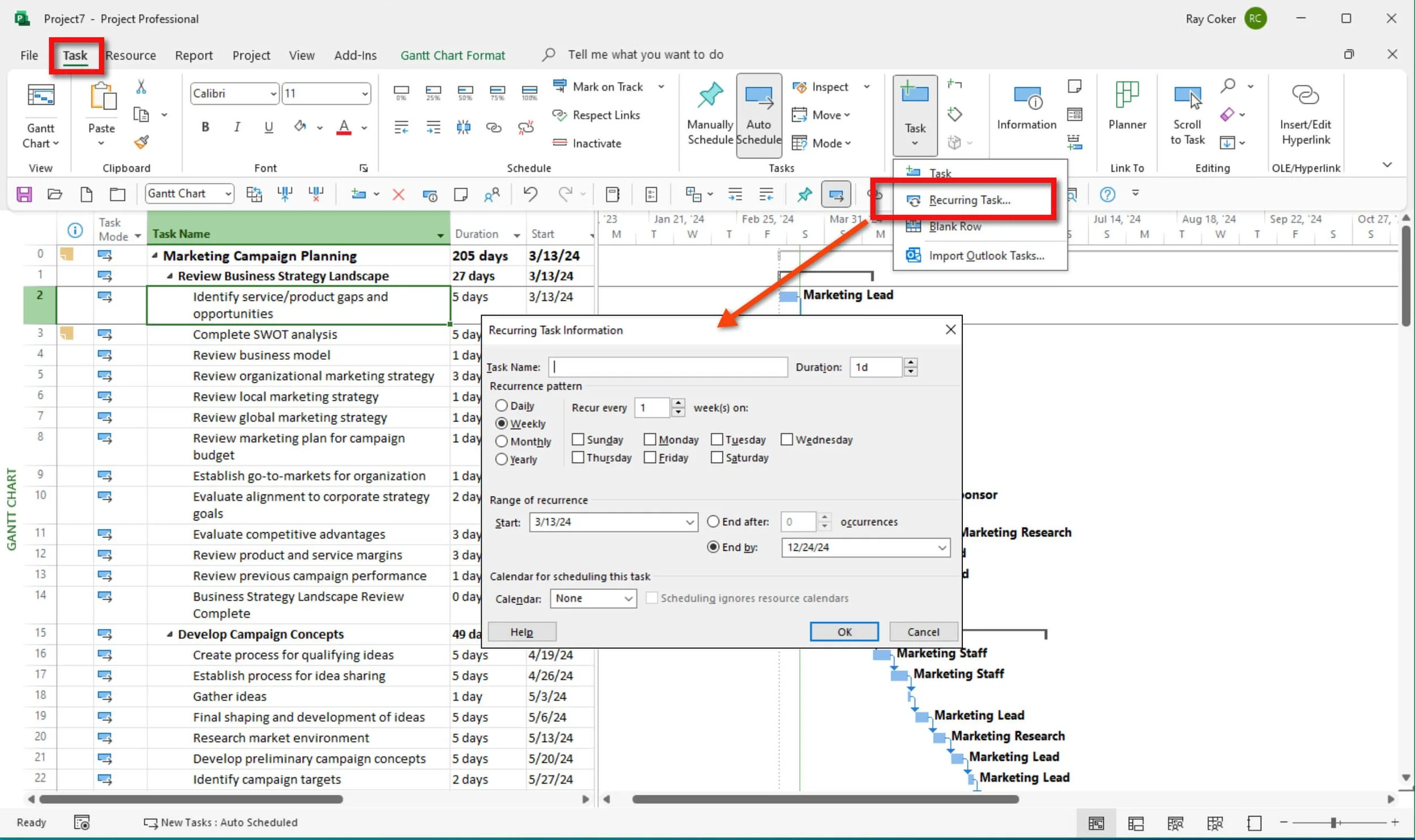 Microsoft Project Task tab showing the Recurring Task command and the Recurring Task Information dialog for defining recurring activities with customizable scheduling options.