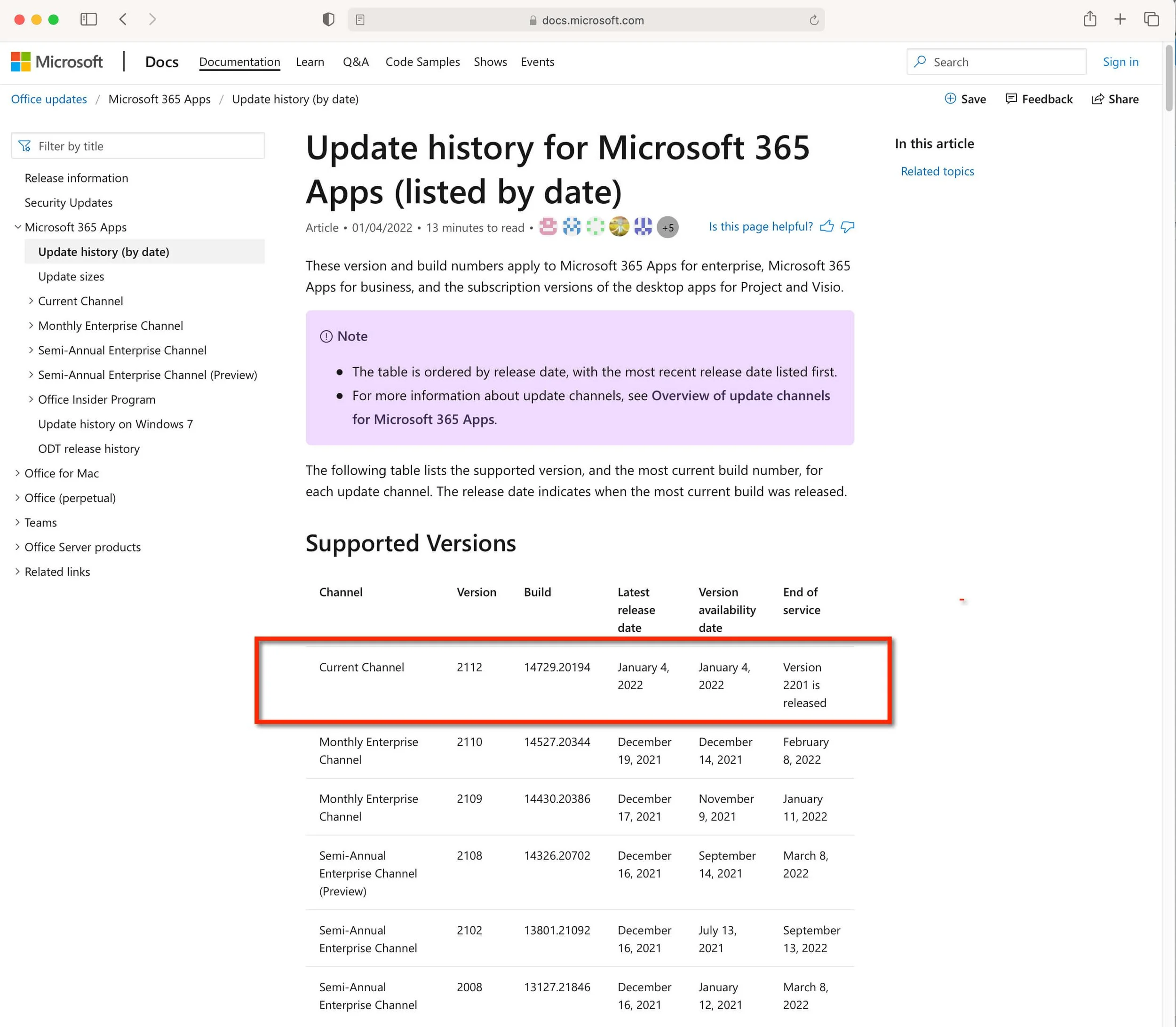 Microsoft 365 update history page listing supported versions, builds, and release dates.