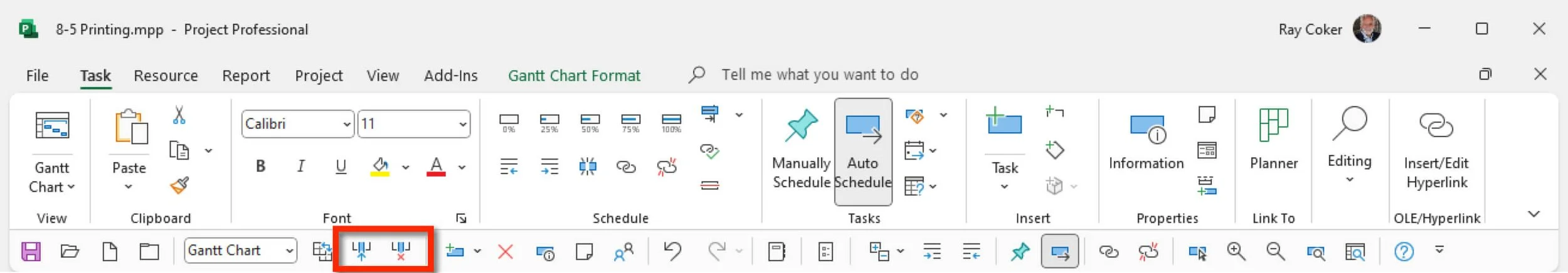 Microsoft Project Bridge Quick Access Toolbar displaying customized shortcuts for reporting, formatting, column management, and commonly used project commands.