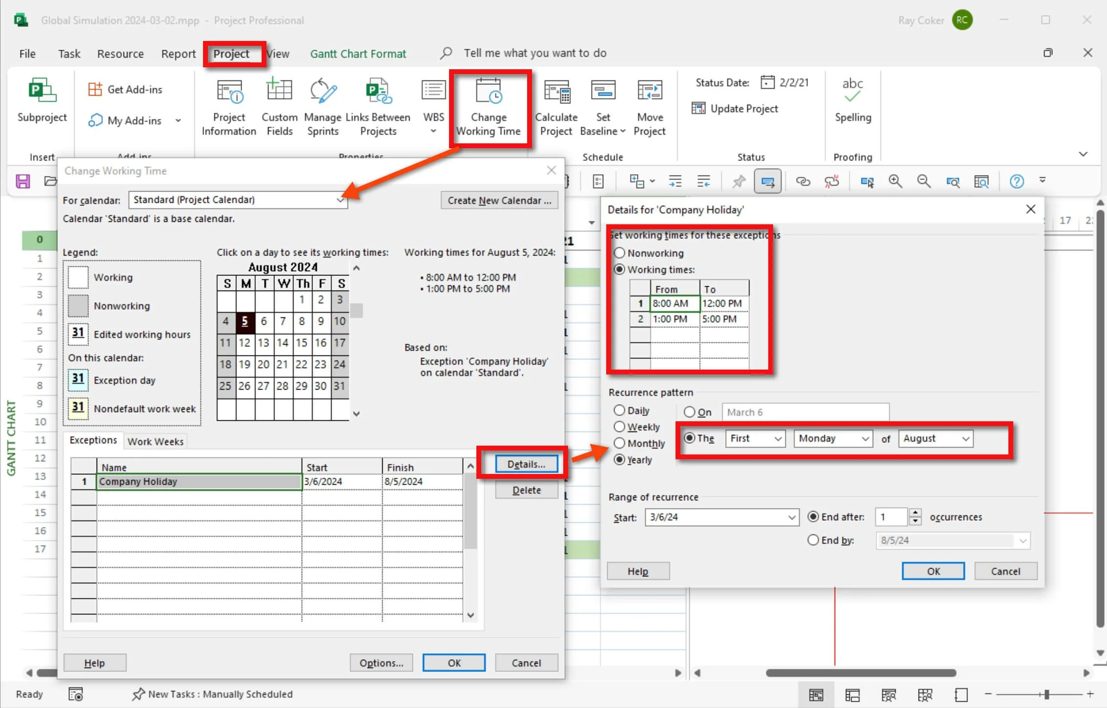 Microsoft Project Change Working Time dialog box displaying holiday and exception entries that define nonworking days within a base calendar.