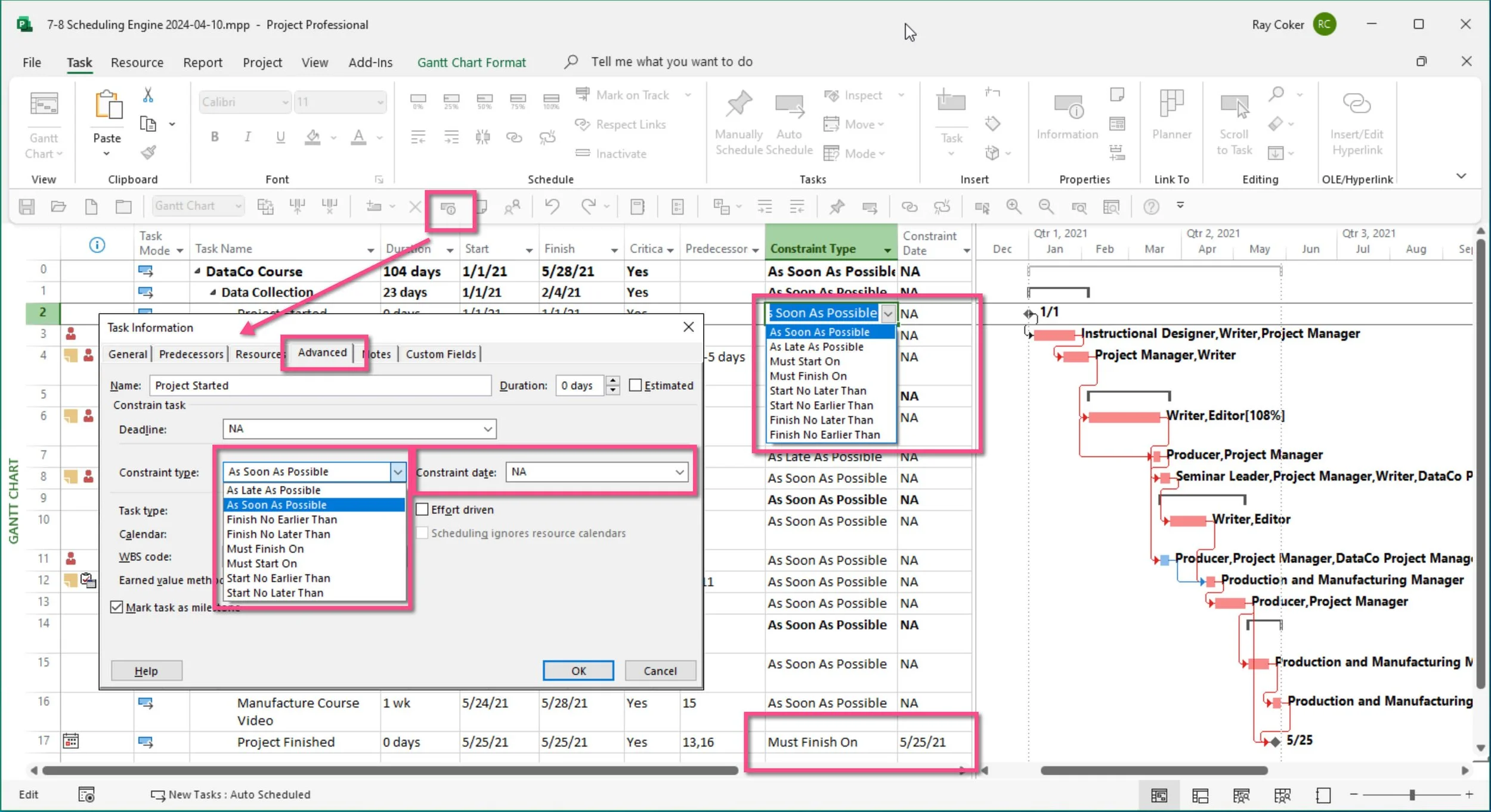 Microsoft Project Timing Constraints showing As Soon As Possible, Must Finish On, and other constraint types in the Task Information Advanced tab.