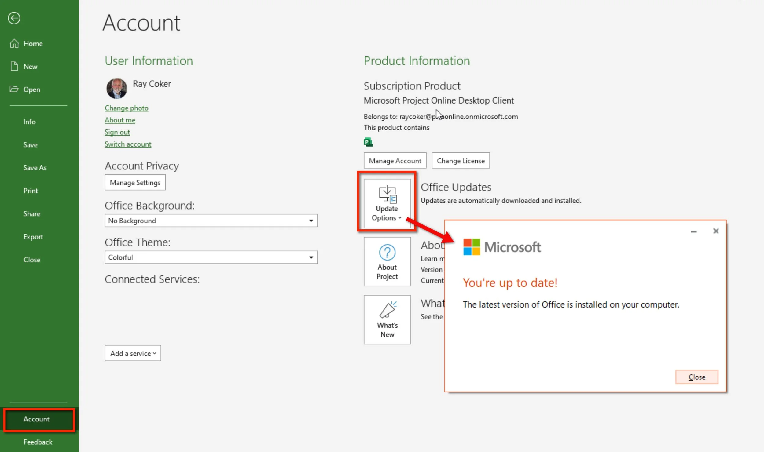 Microsoft Project Account page showing the Office Update options used to check for software updates.