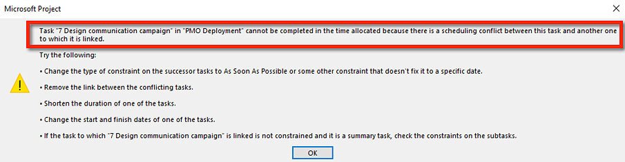 Microsoft Project scheduling confirmation message displayed after changing assignments or schedule logic. Review the resulting schedule before accepting workload adjustments.
