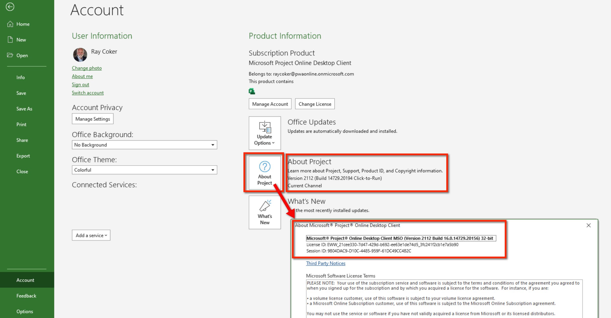 Microsoft Project About Project information showing the installed version, build, and licensing details.