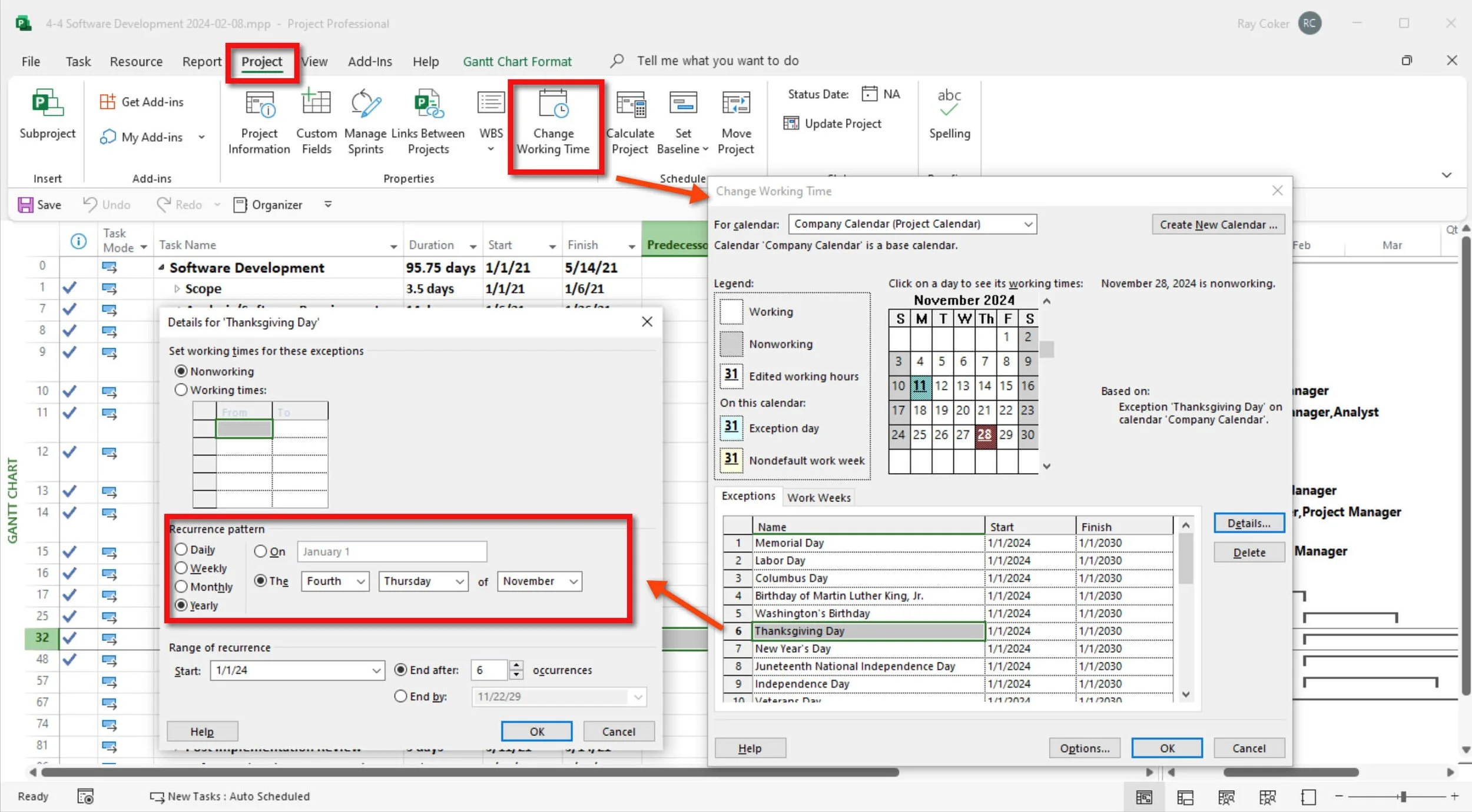 Microsoft Project Change Working Time and Details dialog boxes defining the day after Thanksgiving as a yearly nonworking calendar exception on the fourth Friday of November.