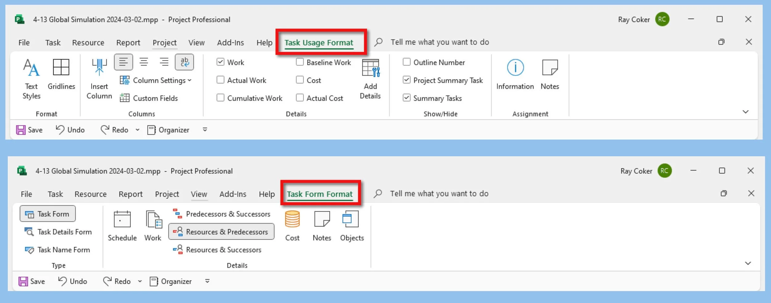 Microsoft Project ribbon showing the different context-sensitive Task Usage Format and Task Form Format tabs that appear when each pane of a split view is selected.
