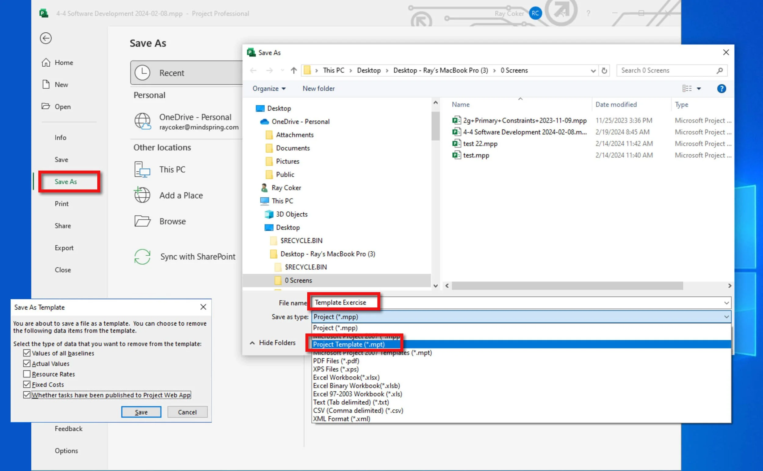 Microsoft Project Save As dialog showing the process of saving a project as a Project Template (.MPT) for future use.