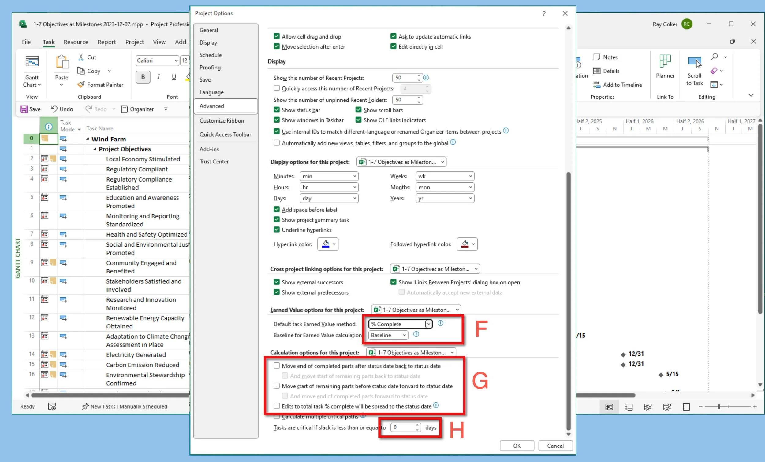 Microsoft Project Options Advanced page showing labeled settings for earned value, movement of updated tasks around the Status Date, and the slack threshold used to identify critical tasks.