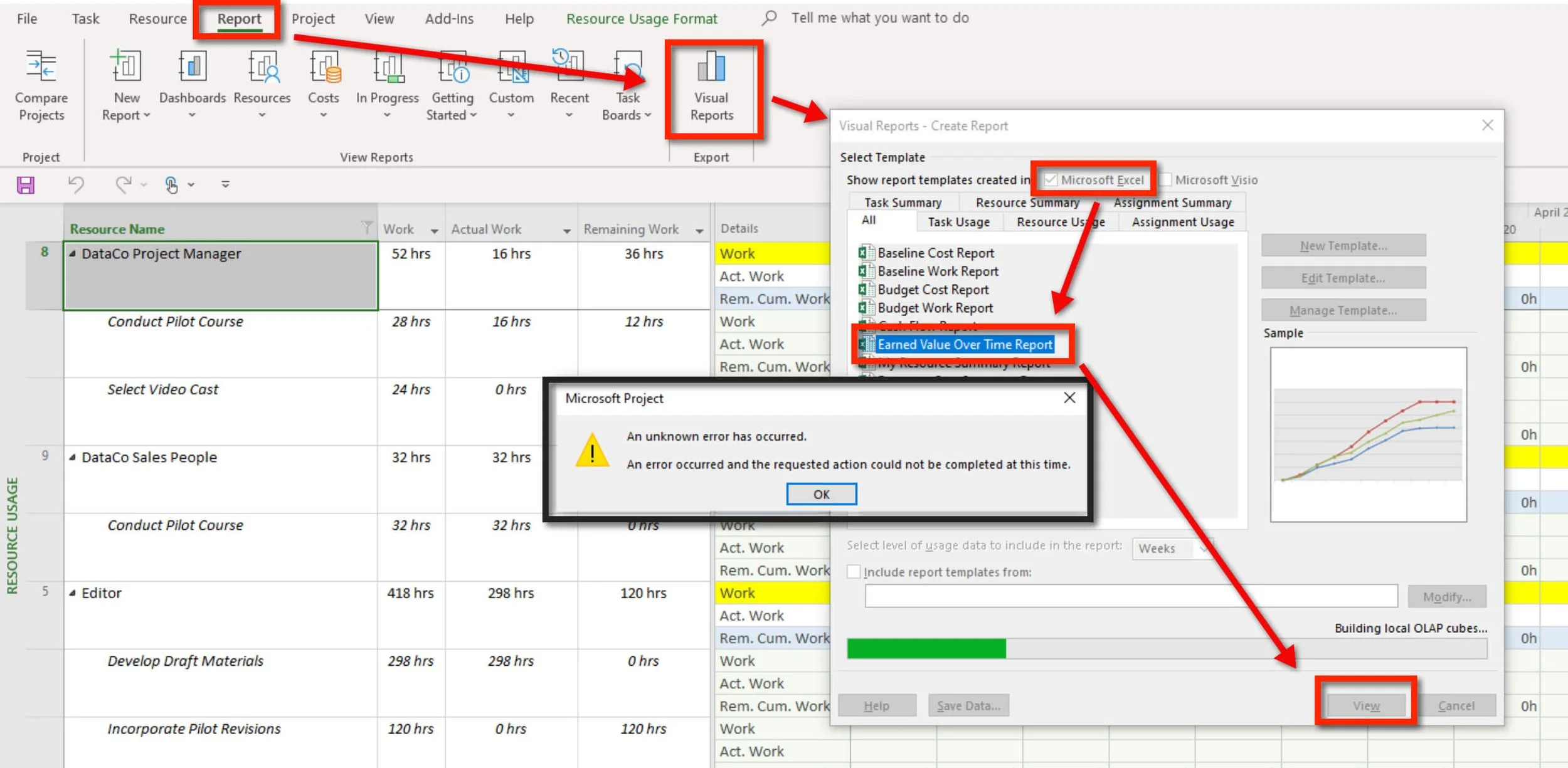 Microsoft Project displaying a Visual Reports error message while building an OLAP cube during an Excel report export.