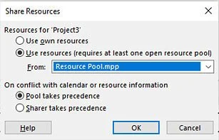 Microsoft Project Share Resources dialog connecting a project to a Resource Pool so multiple projects can use the same resource calendars, availability, and assignment information.