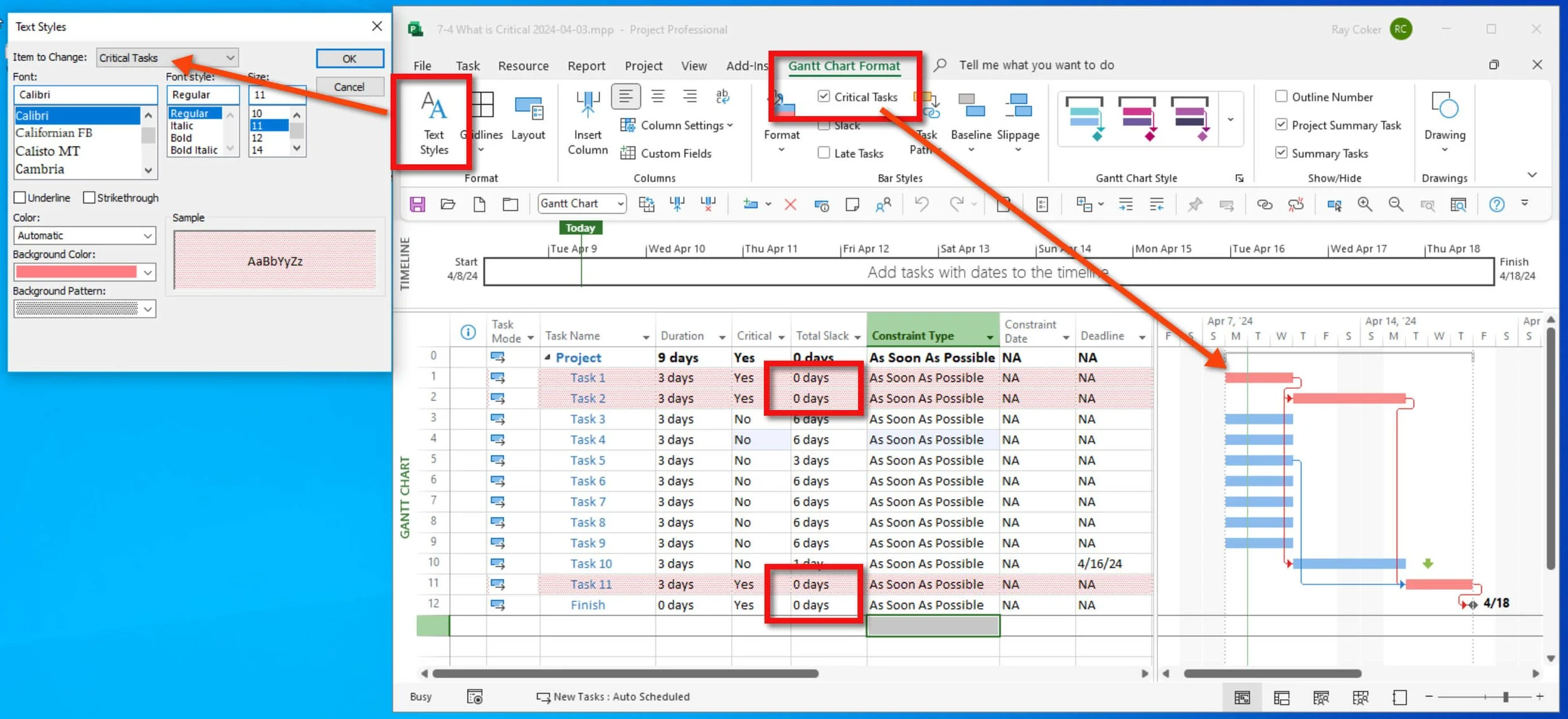 Microsoft Project Gantt Chart showing activities with Zero Total Slack highlighted as Critical using red task bars and highlighted task rows.