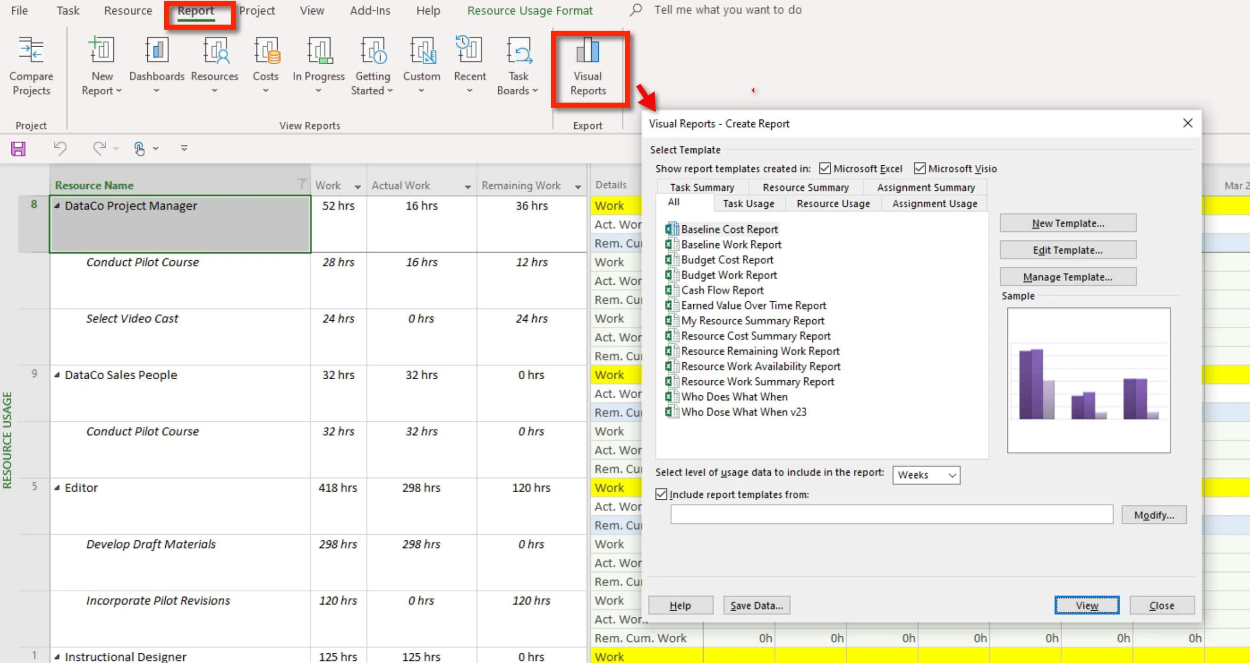 Microsoft Project Visual Reports dialog box showing built-in Excel and Visio report templates, export options, and the Report tab Visual Reports command.