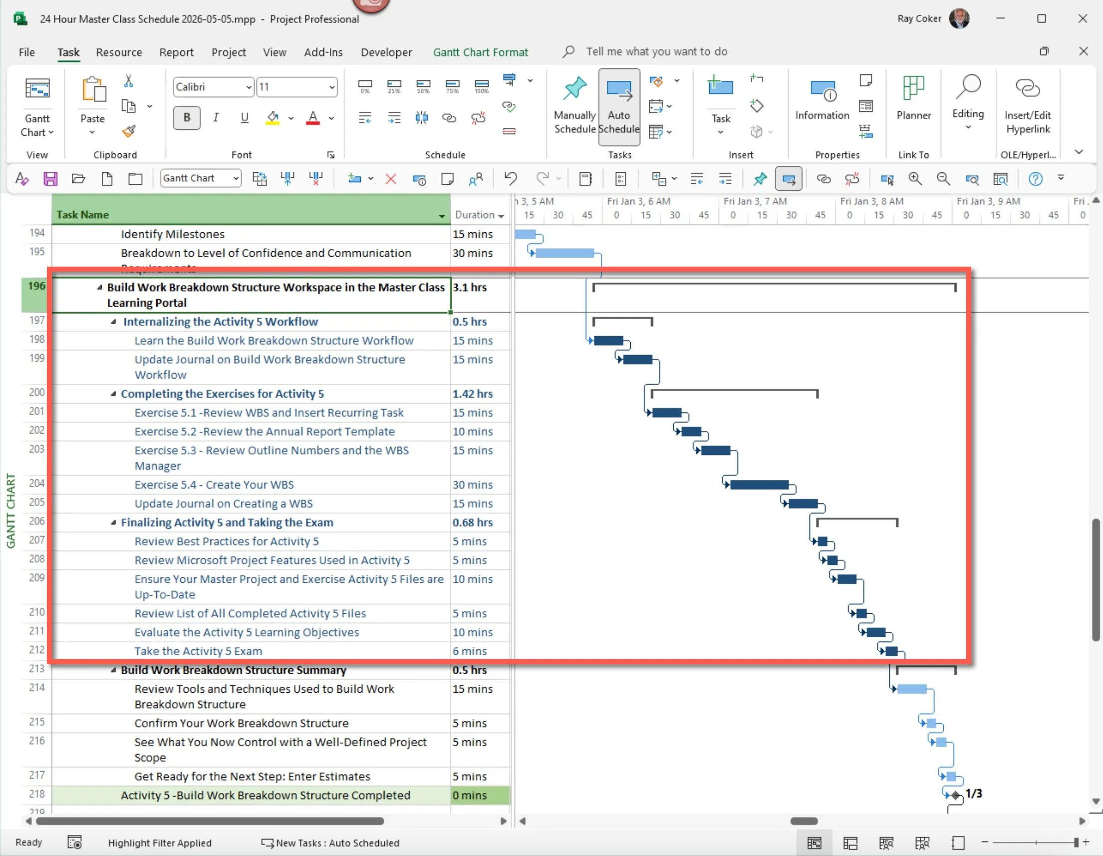 Microsoft Project Gantt Chart showing the complete Activity 5 Workspace schedule, including workflow instruction, exercises, journal activities, review tasks, and estimated durations.
