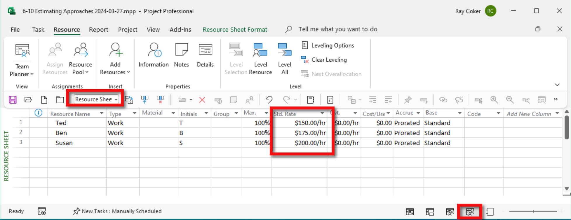 Microsoft Project Resource Sheet displaying the Standard Rate column used to assign hourly or unit cost rates for calculating labor and project costs.