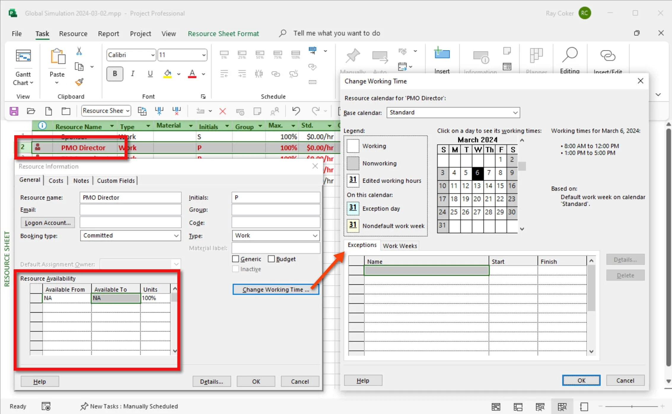 Microsoft Project Resource Information dialog box showing the Change Working Time calendar used to define an individual resource's work schedule, vacations, and availability.